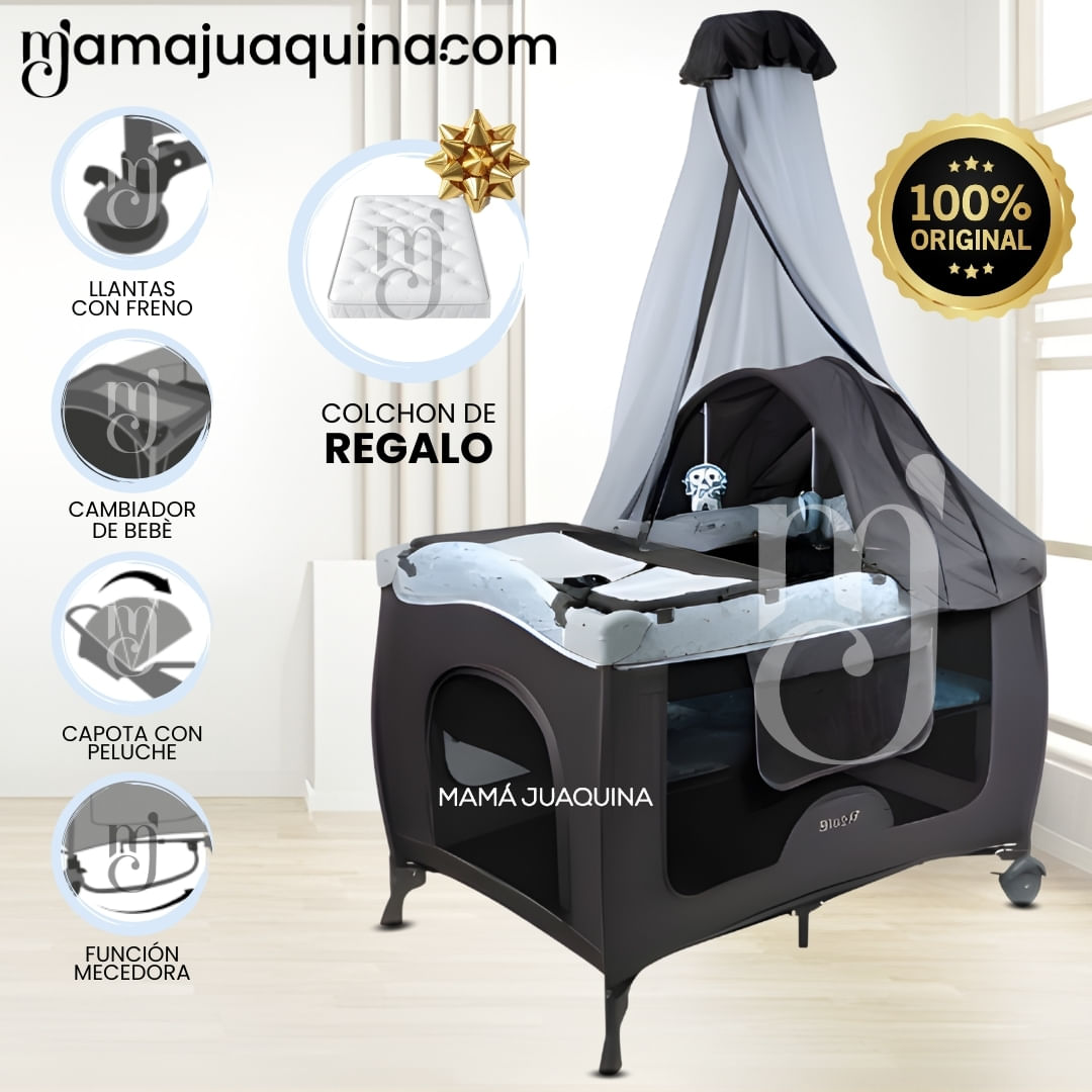 Cuna Corral Mecedora «SALLY CUTE» con Colchón Celeste