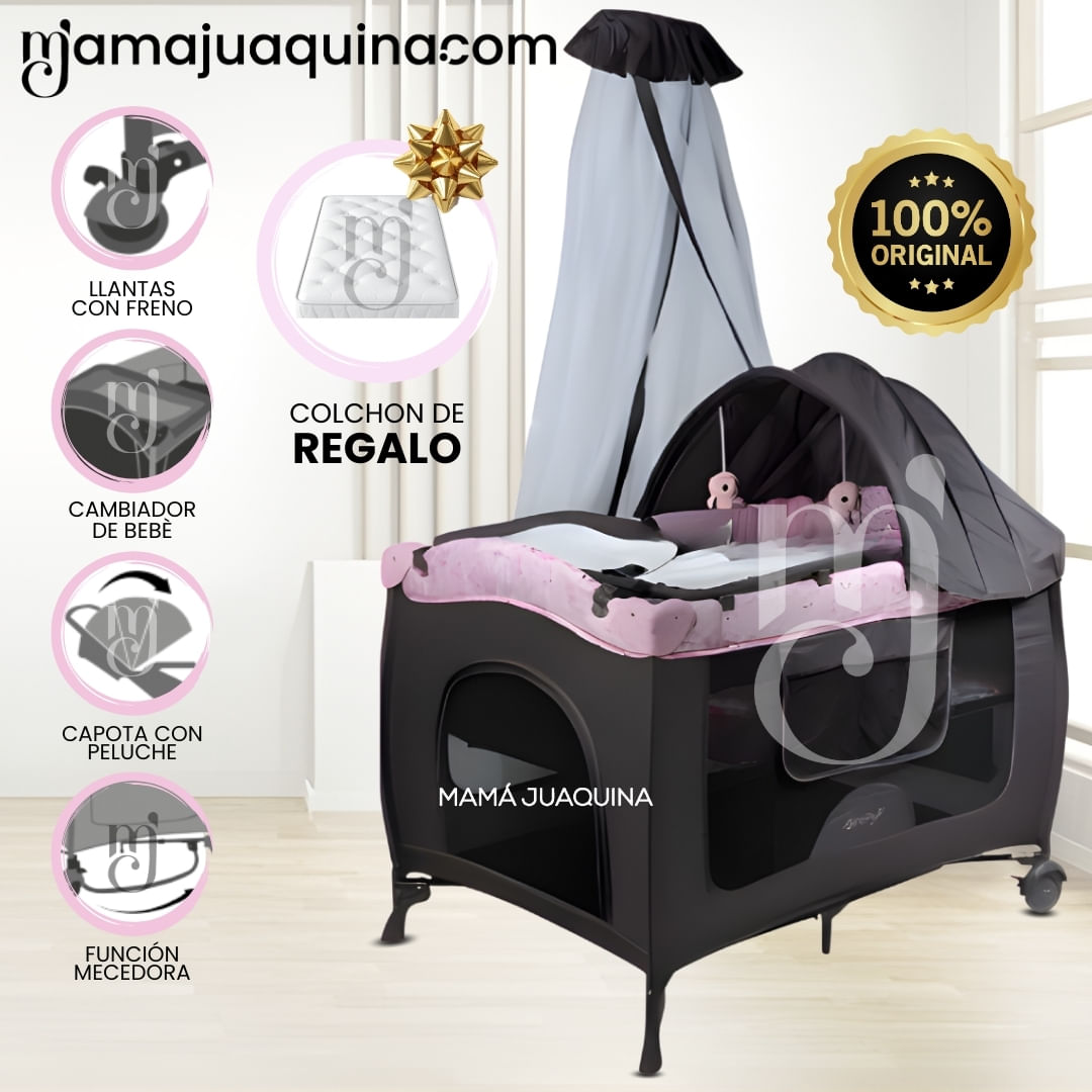 Cuna Corral Mecedora «SALLY CUTE» con Colchón Rosa