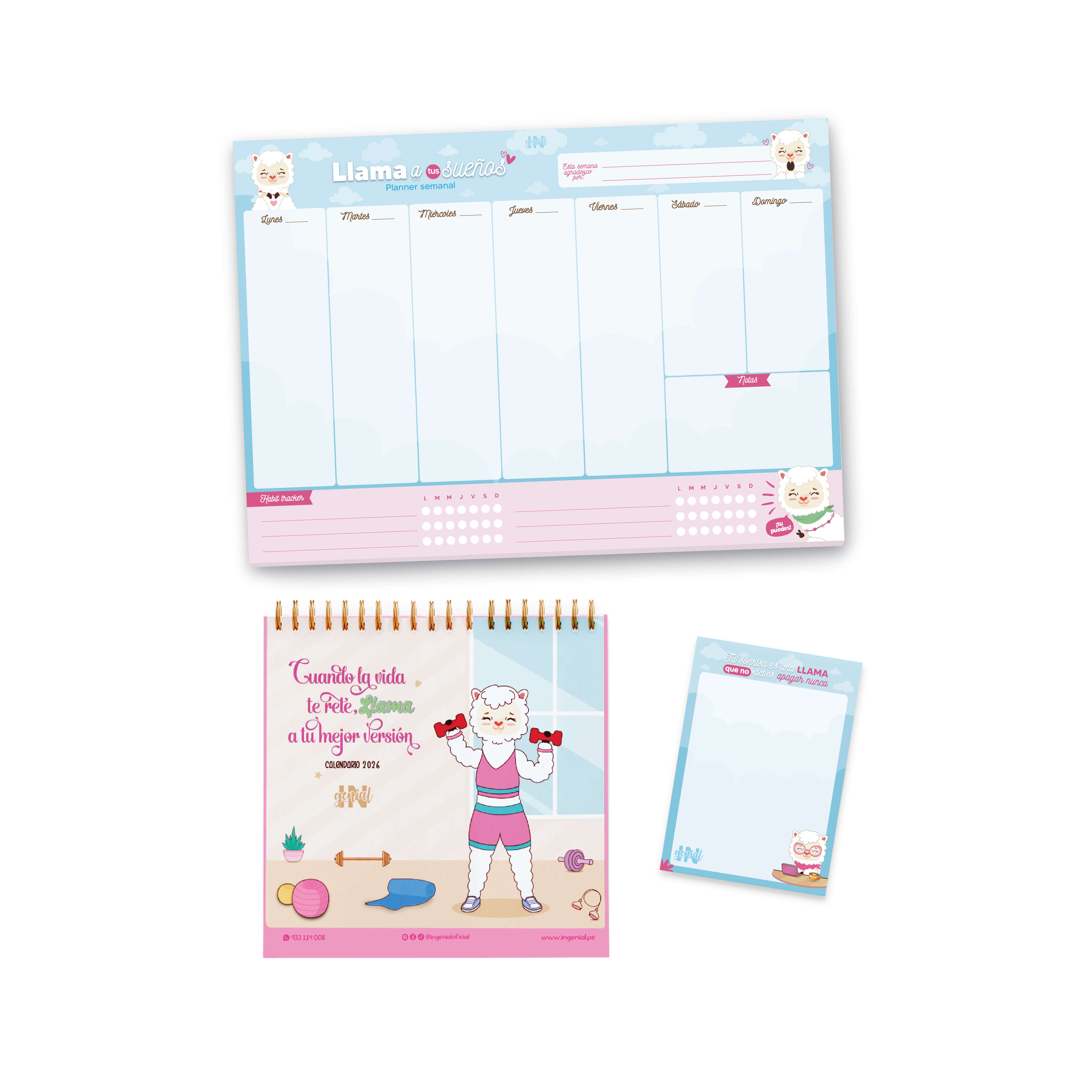 Pack Ingenial Llami: Calendario 2026 + planner semanal + block de notas