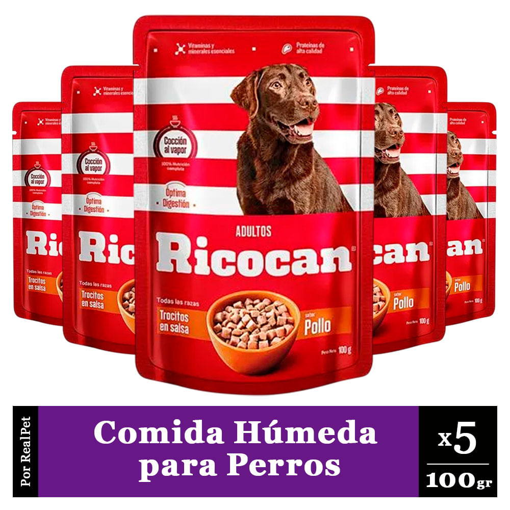 Pack x5 Comida Húmeda Perro Ricocan Trocitos de Pollo 100gr