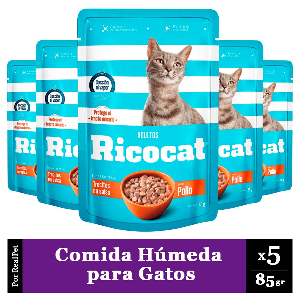 Pack x5 Comida Húmeda para Gato Ricocat Pollo 85gr