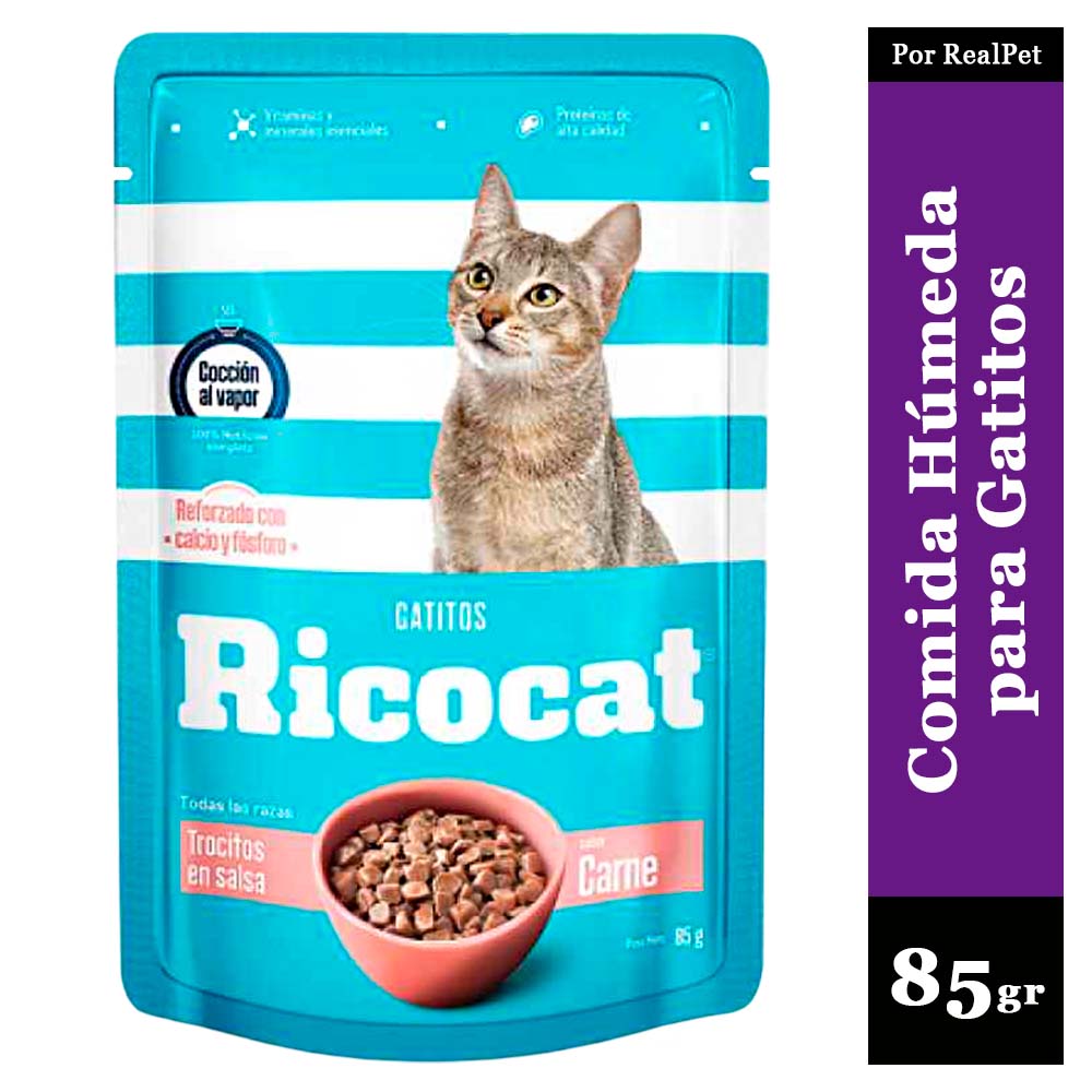 Comida Húmeda para Gatito Ricocat Trocitos Carne 85gr