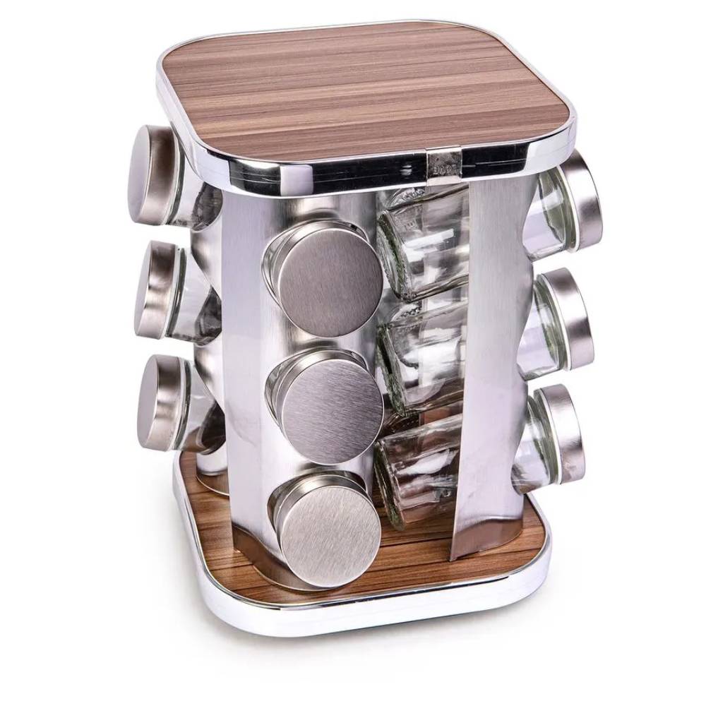 Set de Condimenteros con Tapa de Acero Inoxidable y Base de Madera 12 Piezas - OFERTA