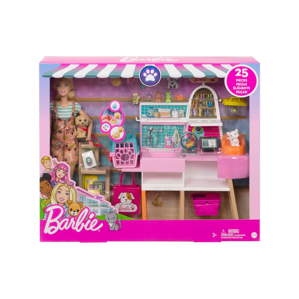 Barbie Muñeca y Pet Boutique con 4 Pets y Accessorios