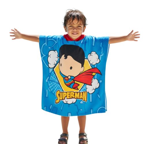 Toalla Poncho Infantil Con Capucha Azul Diseño Superhéroe Secado Rápido