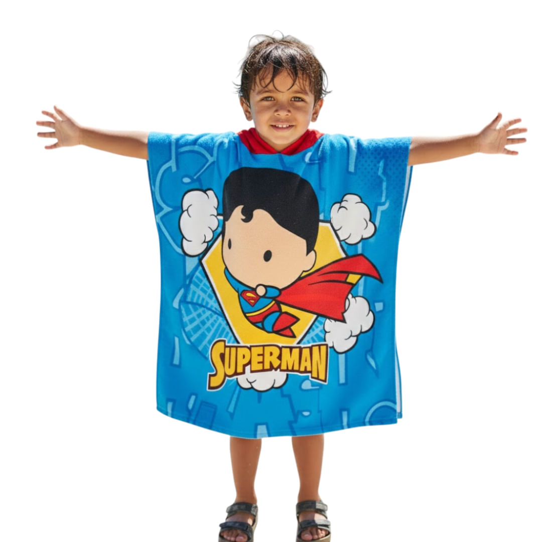 Toalla Poncho Infantil Con Capucha Azul Diseño Superhéroe Secado Rápido