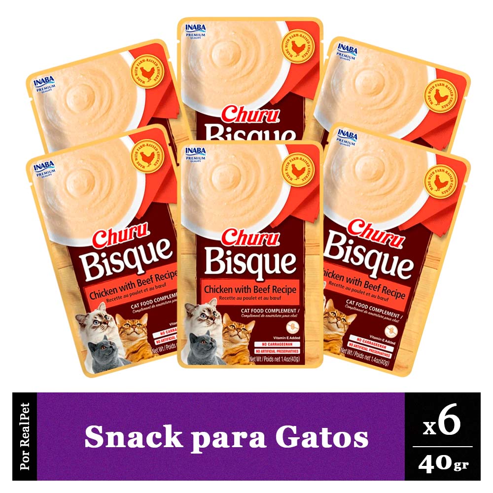 Pack Snack Gato Churu Bisque Pollo con Carne 6 sobres 40gr