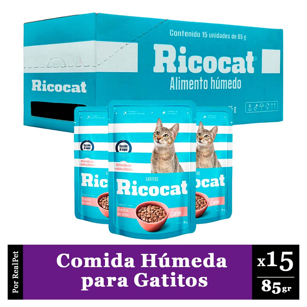 Pack Caja x15 Comida Húmeda para Gatito Ricocat Carne 85gr
