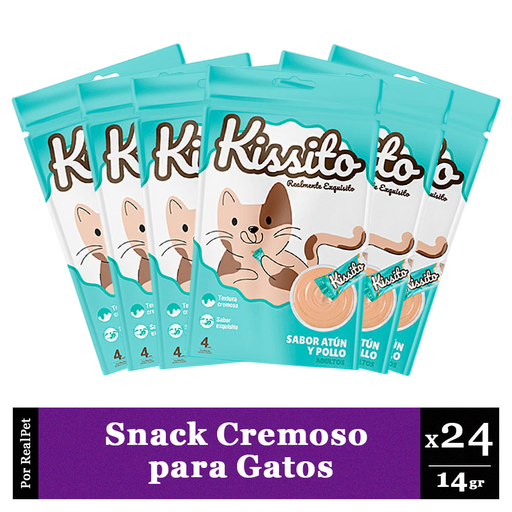 Snack Cremoso Gato Kissito Atún y Pollo 6 sobres x 4 tubos