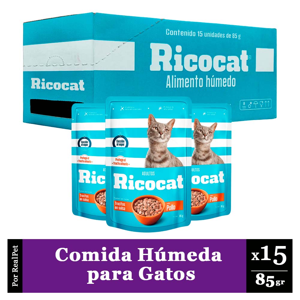 Pack Caja x15 Comida Húmeda para Gato Ricocat Pollo 85gr