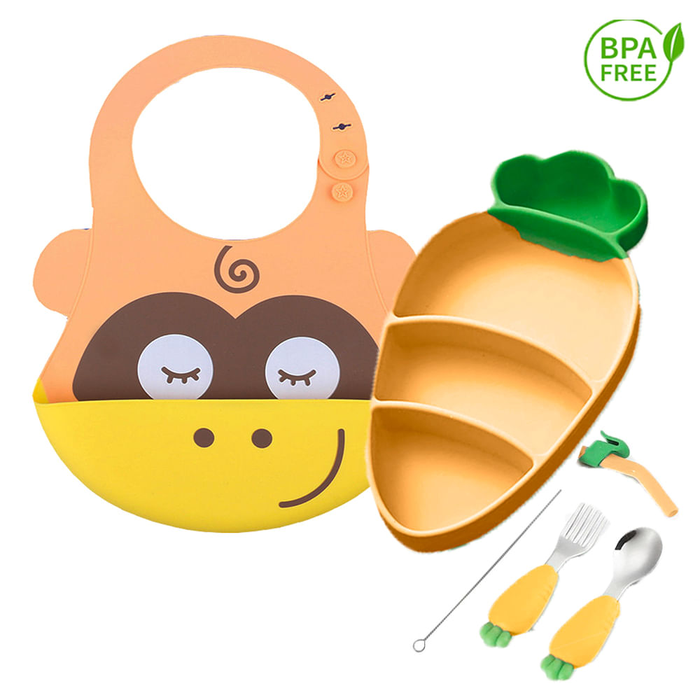 Pack Babero Monito y Set Plato Zanahoria Amarillo para bebe