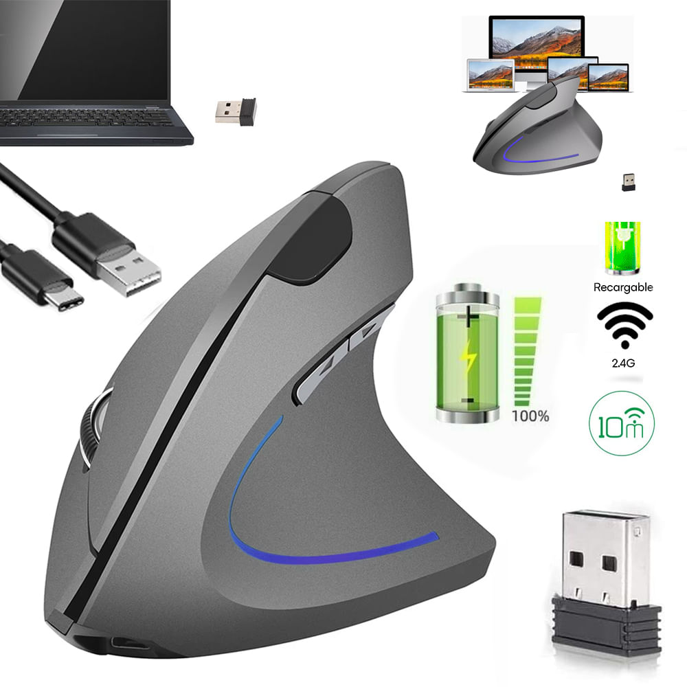 Mouse Vertical Inalambrico Ergonómico Usb recargable plata 24GHz