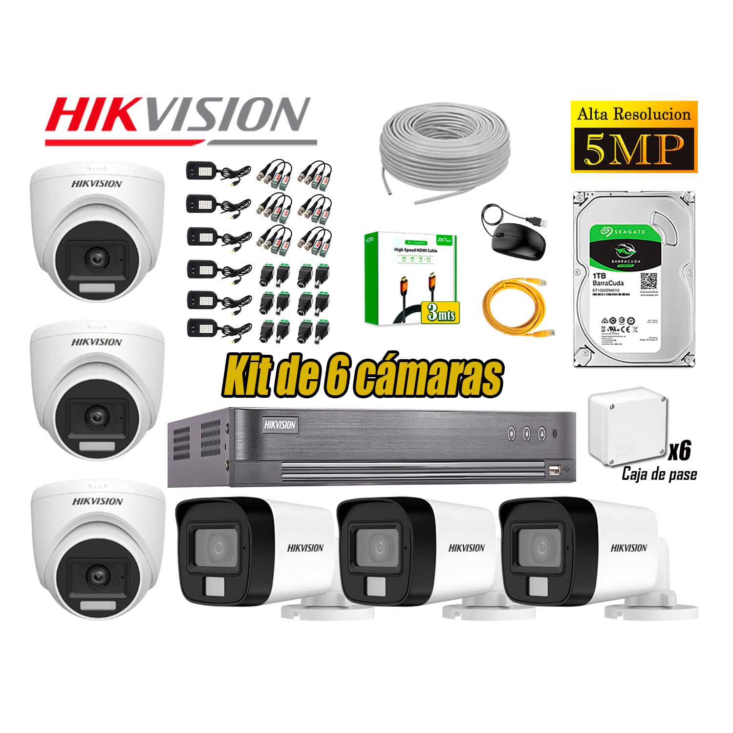 Cámara Seguridad Kit 6 Hikvision 5MP 3K Audio Incorporado Disco 1TB HDMI 3M