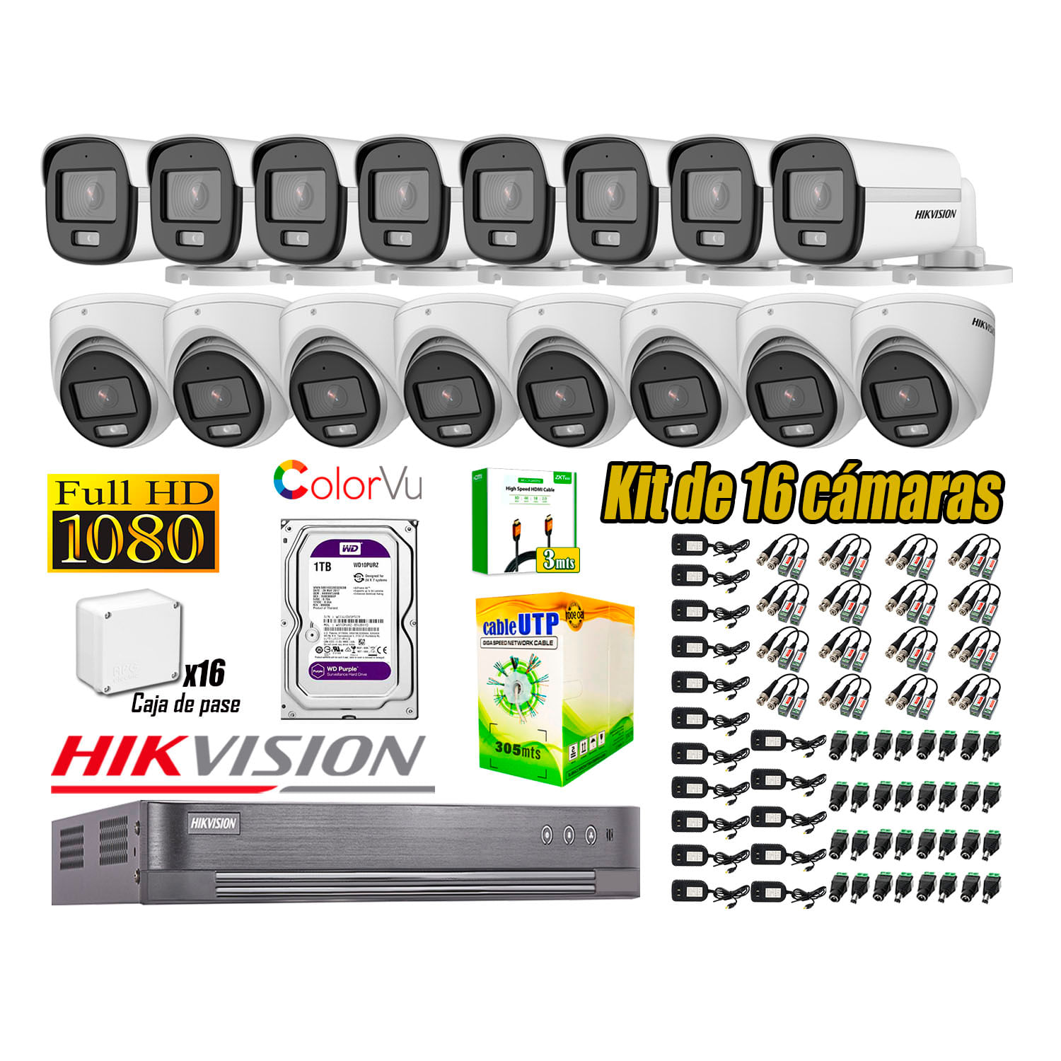 Kit de 16 Cámaras Hikvision Full Hd Noche Color Vu Audio Incorporado HDMI 3M Disco 1TB WD
