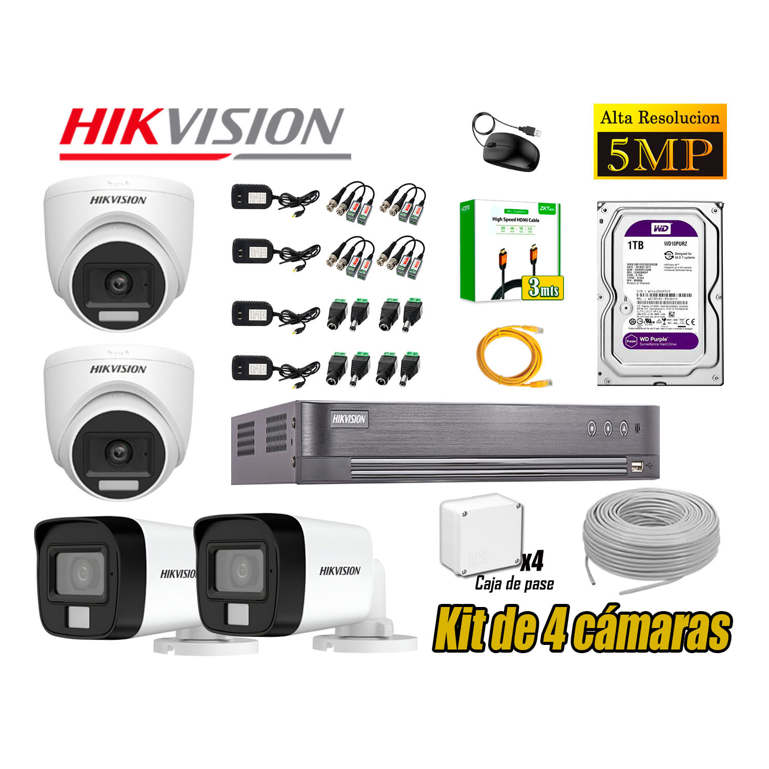 Cámara Seguridad Kit 4 Hikvision 5MP 3K Audio Incorporado HDMI 3M Disco 1TB WD