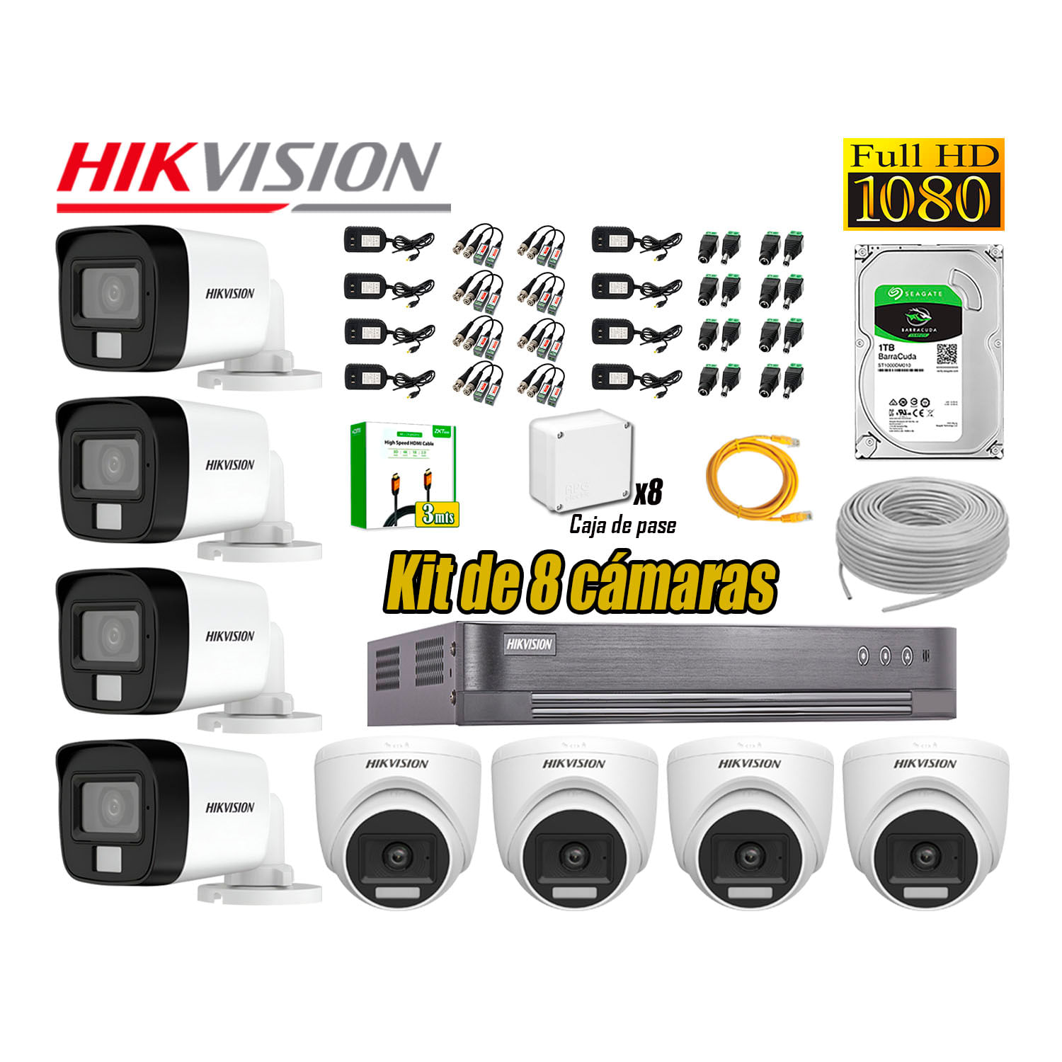 Cámara Seguridad Kit 8 Hikvision Full HD Audio Incorporado Disco 1TB HDMI 3M
