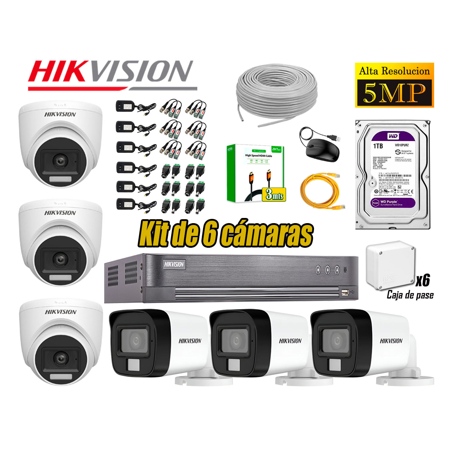 Cámara Seguridad Kit 6 Hikvision 5MP 3K Audio Incorporado HDMI 3M Disco 1TB WD