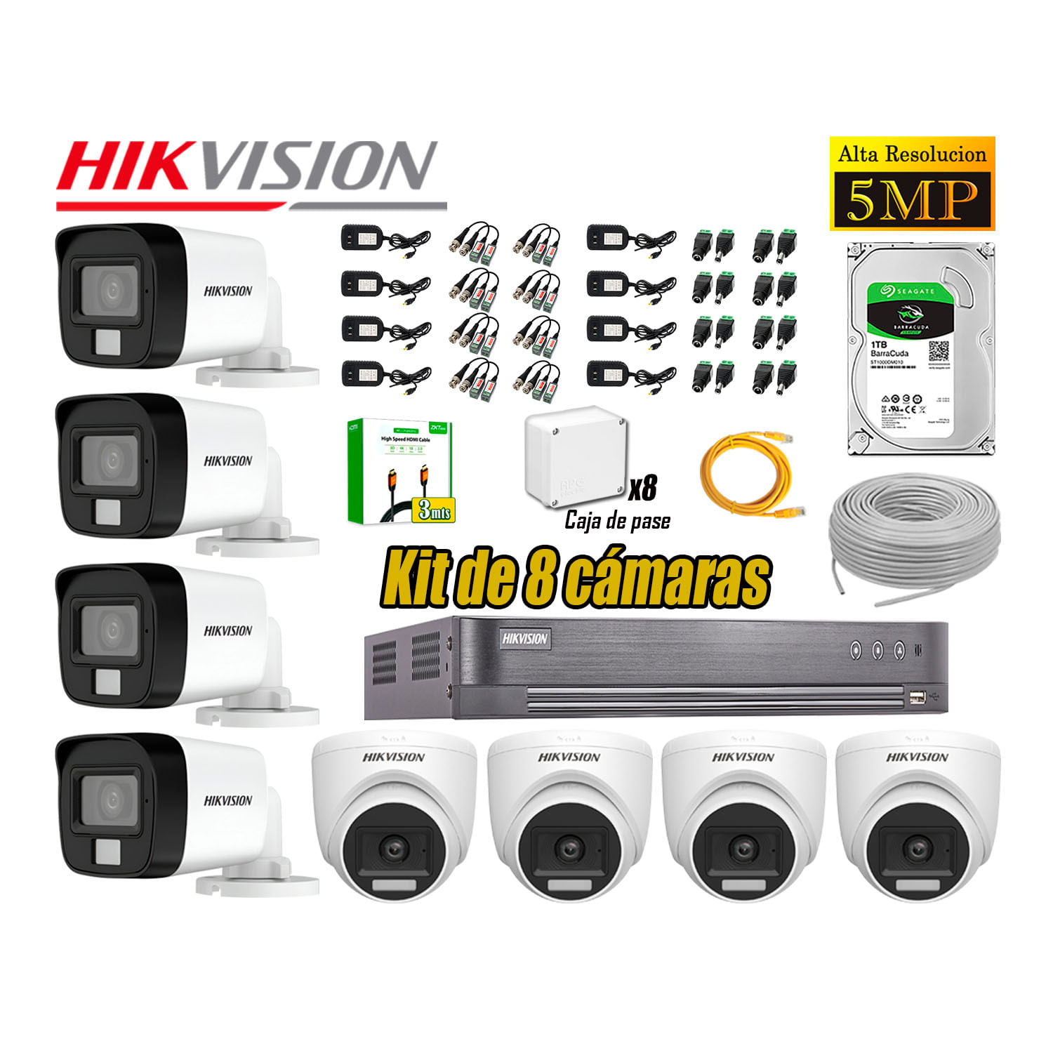 Cámara Seguridad Kit 8 Hikvision 5MP 3K Audio Incorporado Disco 1TB HDMI 3M