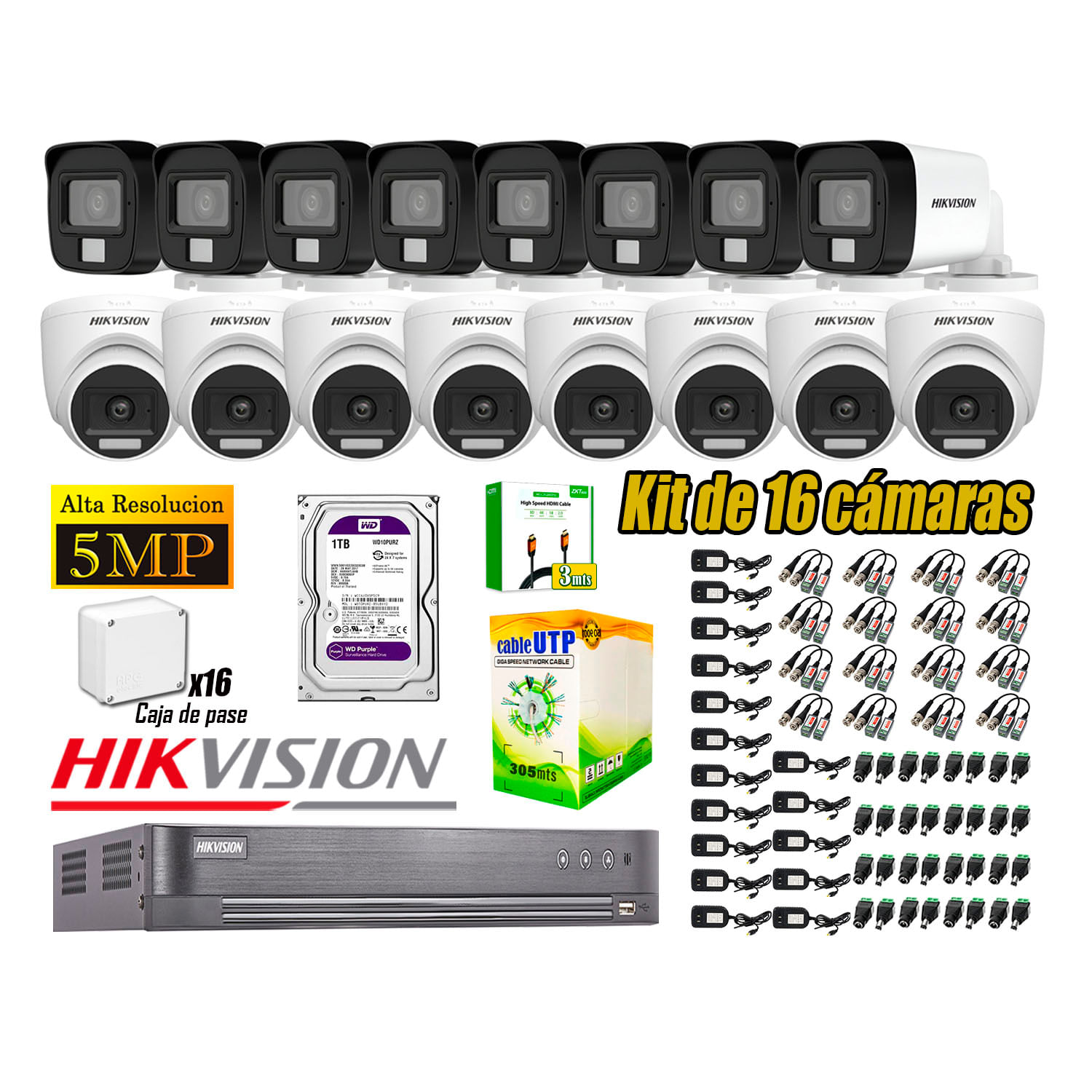 Cámara Seguridad Kit 16 Hikvision 5MP 3K Audio Incorporado HDMI 3M Disco 1TB WD