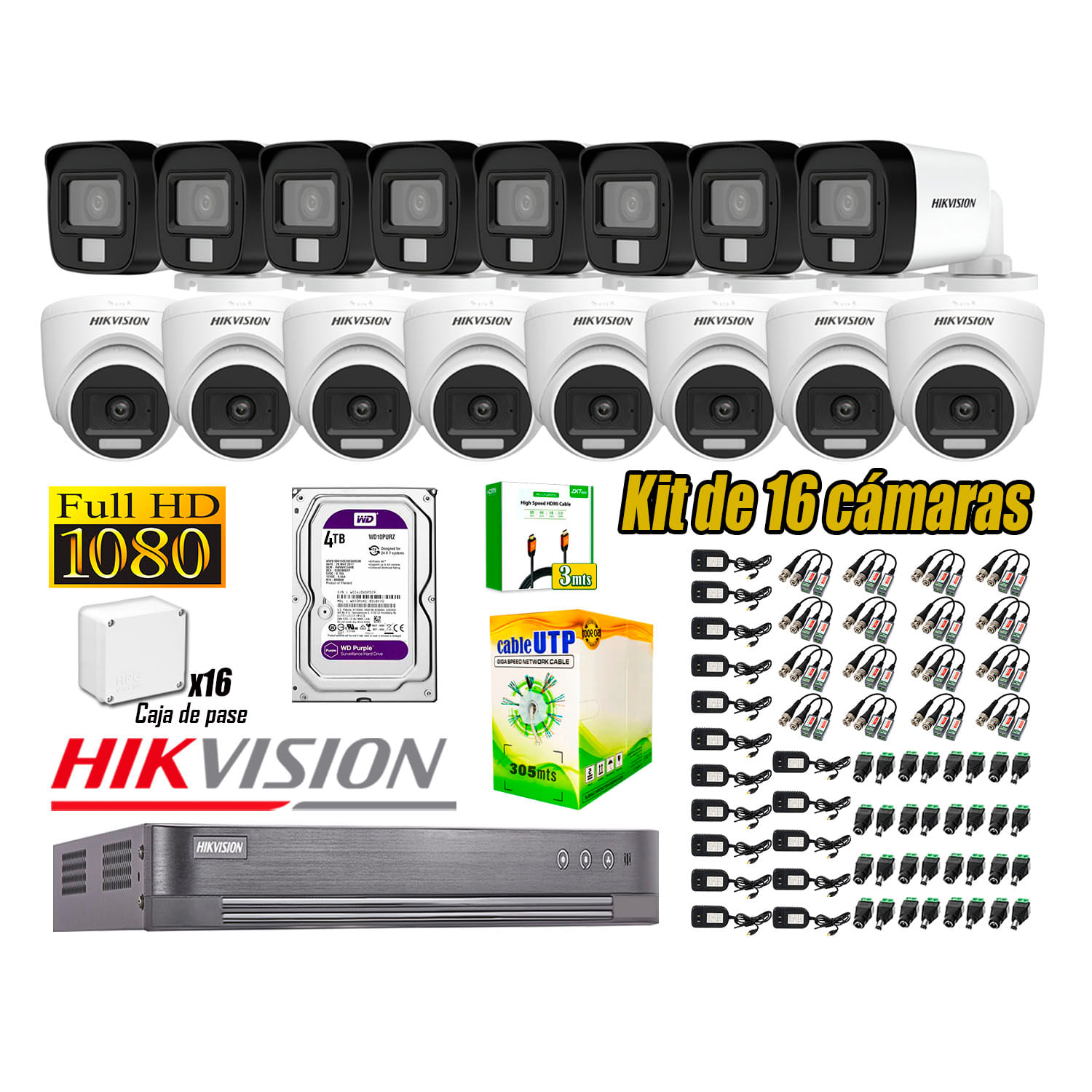 Cámara Seguridad Kit 16 Hikvision Full HD Audio Incorporado HDMI 3M Disco 4TB WD