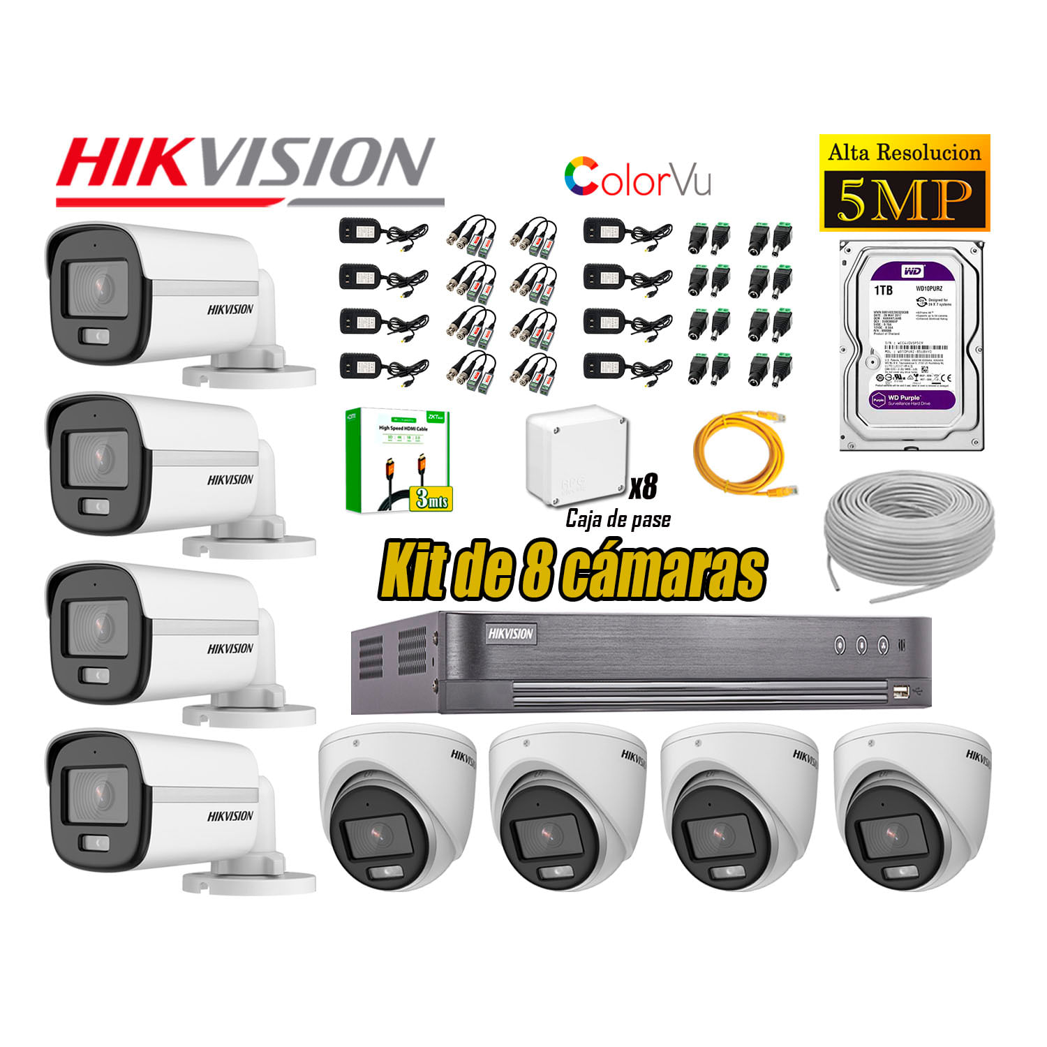 Kit 8 Cámaras Hikvision 5MP 3K Noche Color Vu Audio Incorporado HDMI 3M Disco 1TB WD