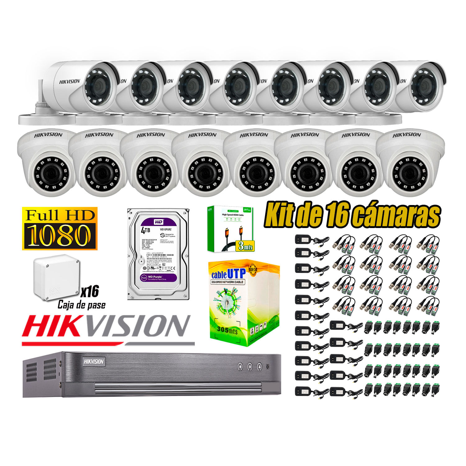 Kit 16 Cámaras de Seguridad Hikvision Full Hd 1080P HDMI 3M Disco 4TB WD