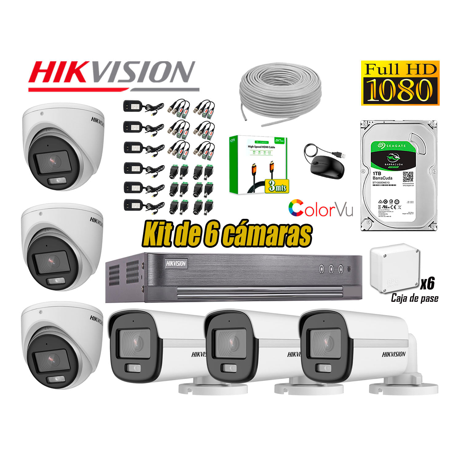 Kit de 6 Cámaras Hikvision Full Hd Noche Color Vu Audio Incorporado Disco 1TB HDMI 3M