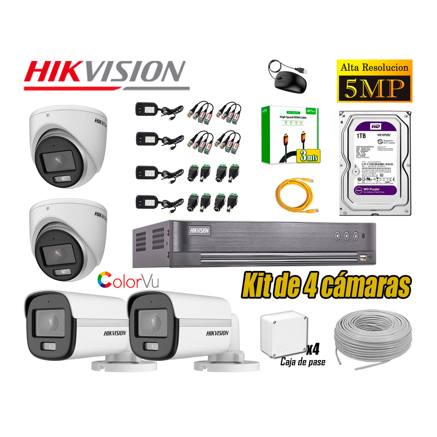 Kit 4 Cámaras Hikvision 5MP 3K Noche Color Vu Audio Incorporado HDMI 3M Disco 1TB WD