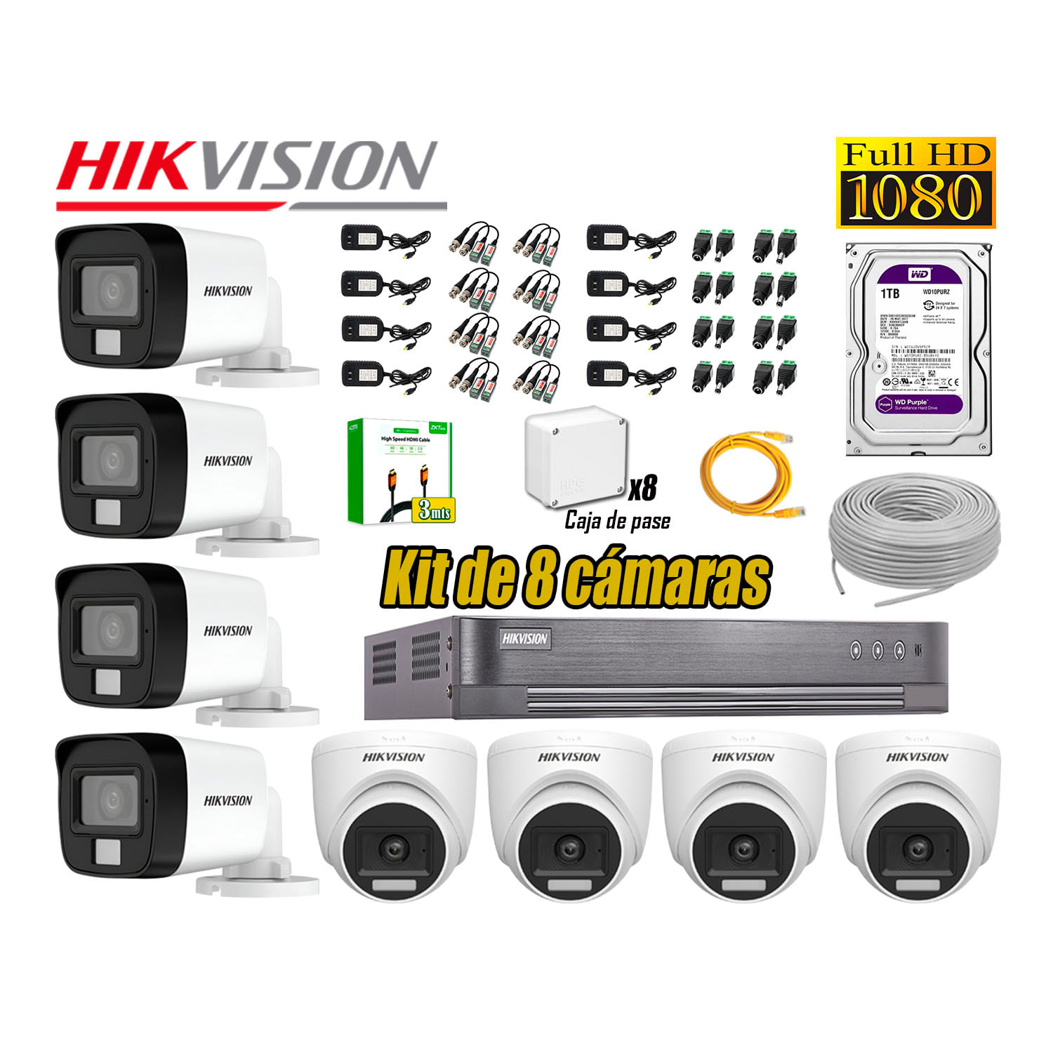 Cámara Seguridad Kit 8 Hikvision Full HD Audio Incorporado HDMI 3M Disco 1TB WD