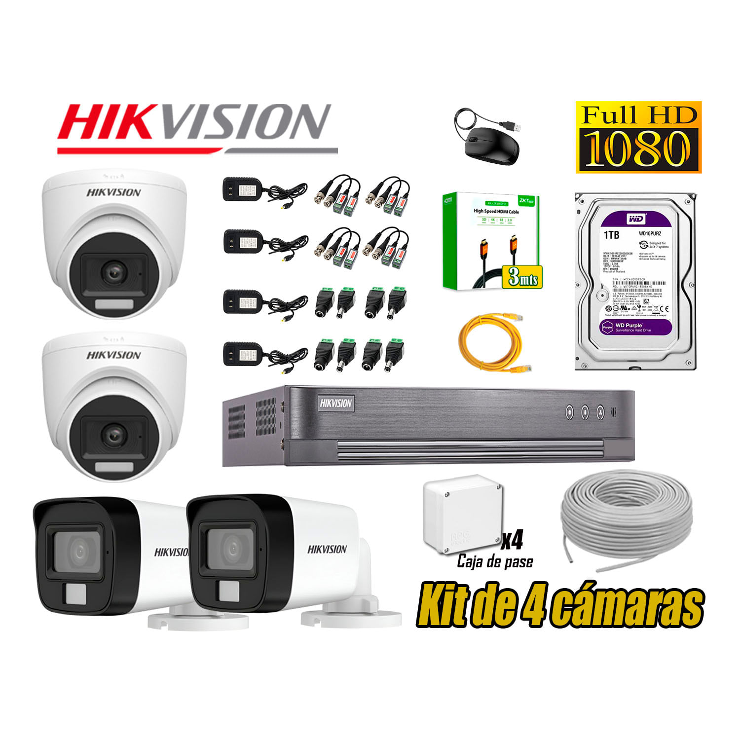 Cámara Seguridad Kit 4 Hikvision Full HD Audio Incorporado HDMI 3M Disco 1TB WD