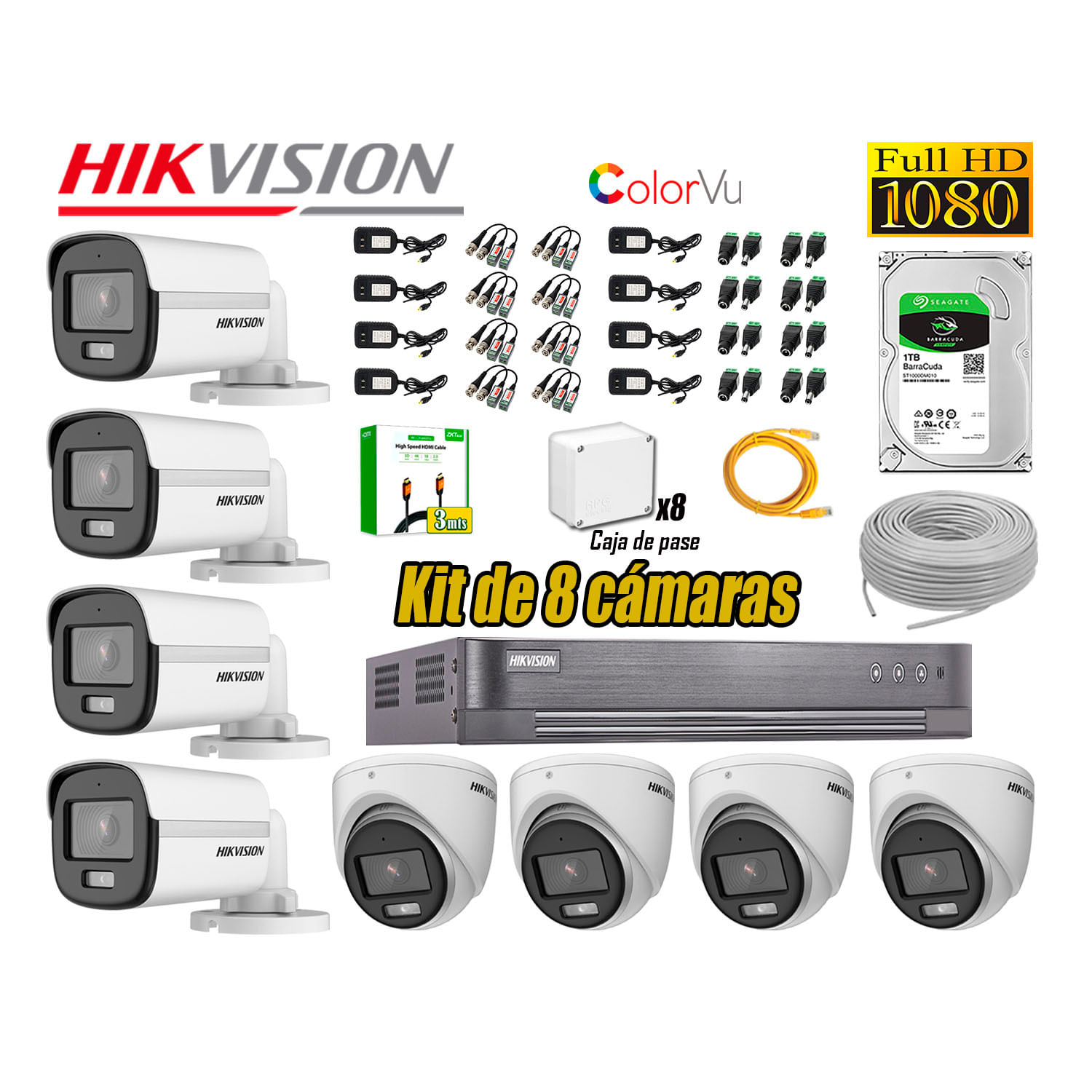Kit de 8 Cámaras Hikvision Full Hd Noche Color Vu Audio Incorporado Disco 1TB HDMI 3M