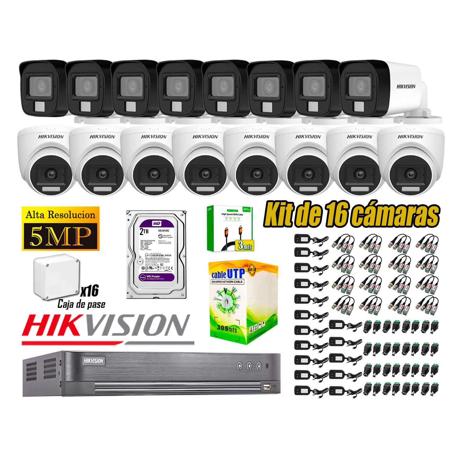 Cámara Seguridad Kit 16 Hikvision 5MP 3K Audio Incorporado HDMI 3M Disco 2TB WD