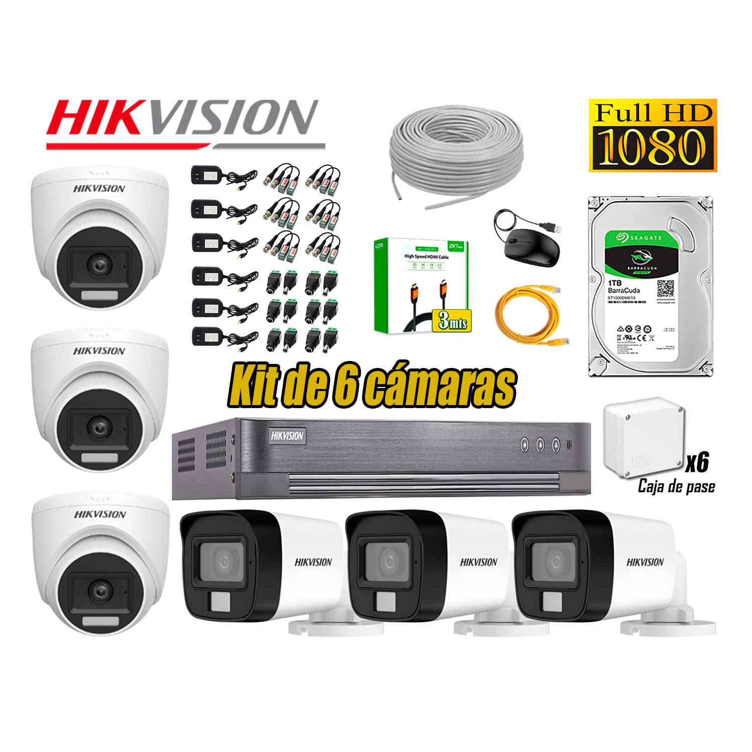 Cámara Seguridad Kit 6 Hikvision Full HD Audio Incorporado Disco 1TB HDMI 3M
