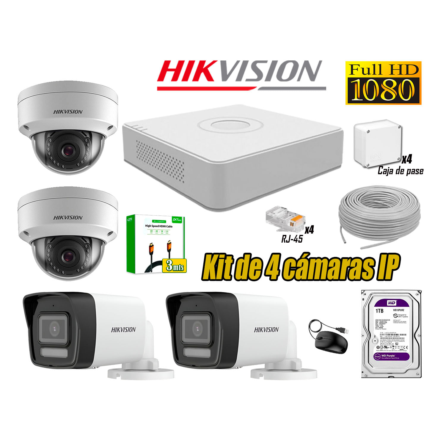 Kit 4 Cámaras Seguridad IP Poe Hikvision Full HD Audio Incorporado HDMI 3M Disco 1TB
