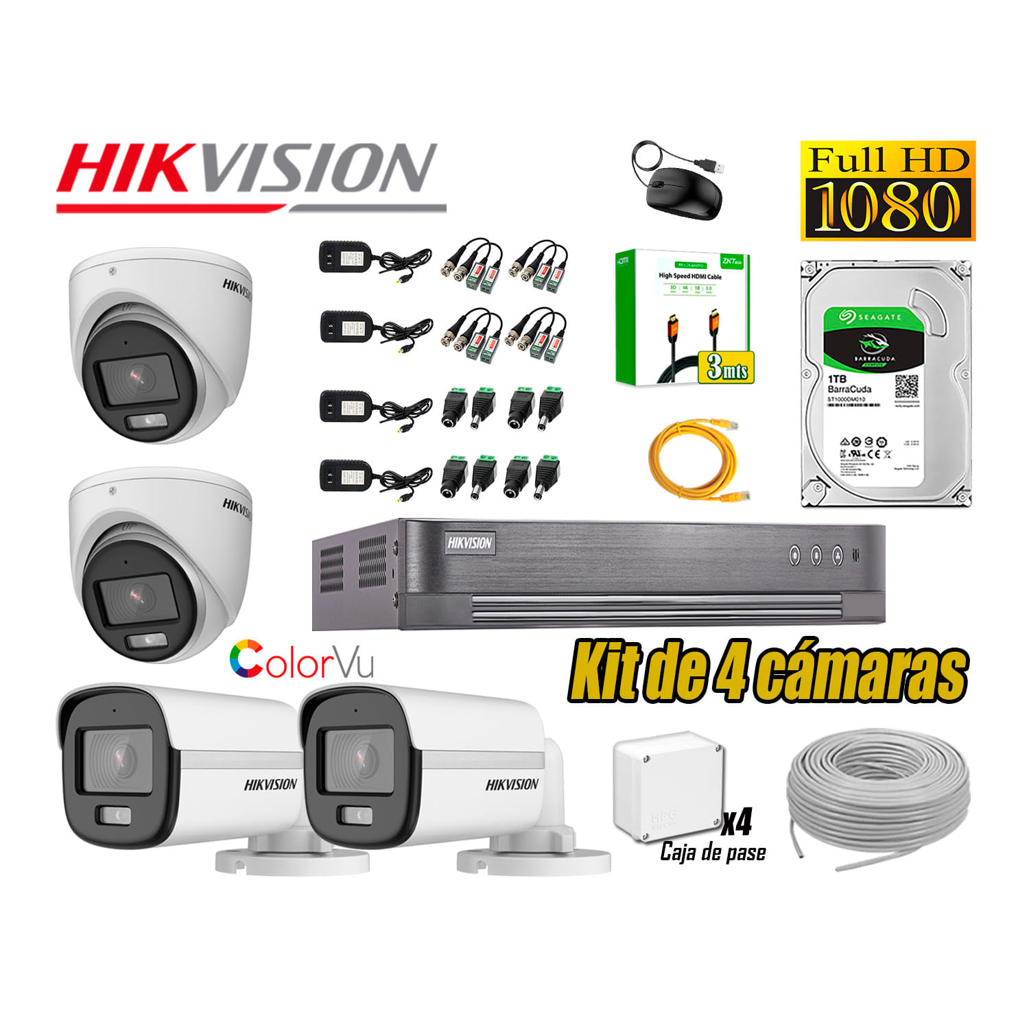 Kit de 4 Cámaras Hikvision Full Hd Noche Color Vu Audio Incorporado Disco 1TB HDMI 3M