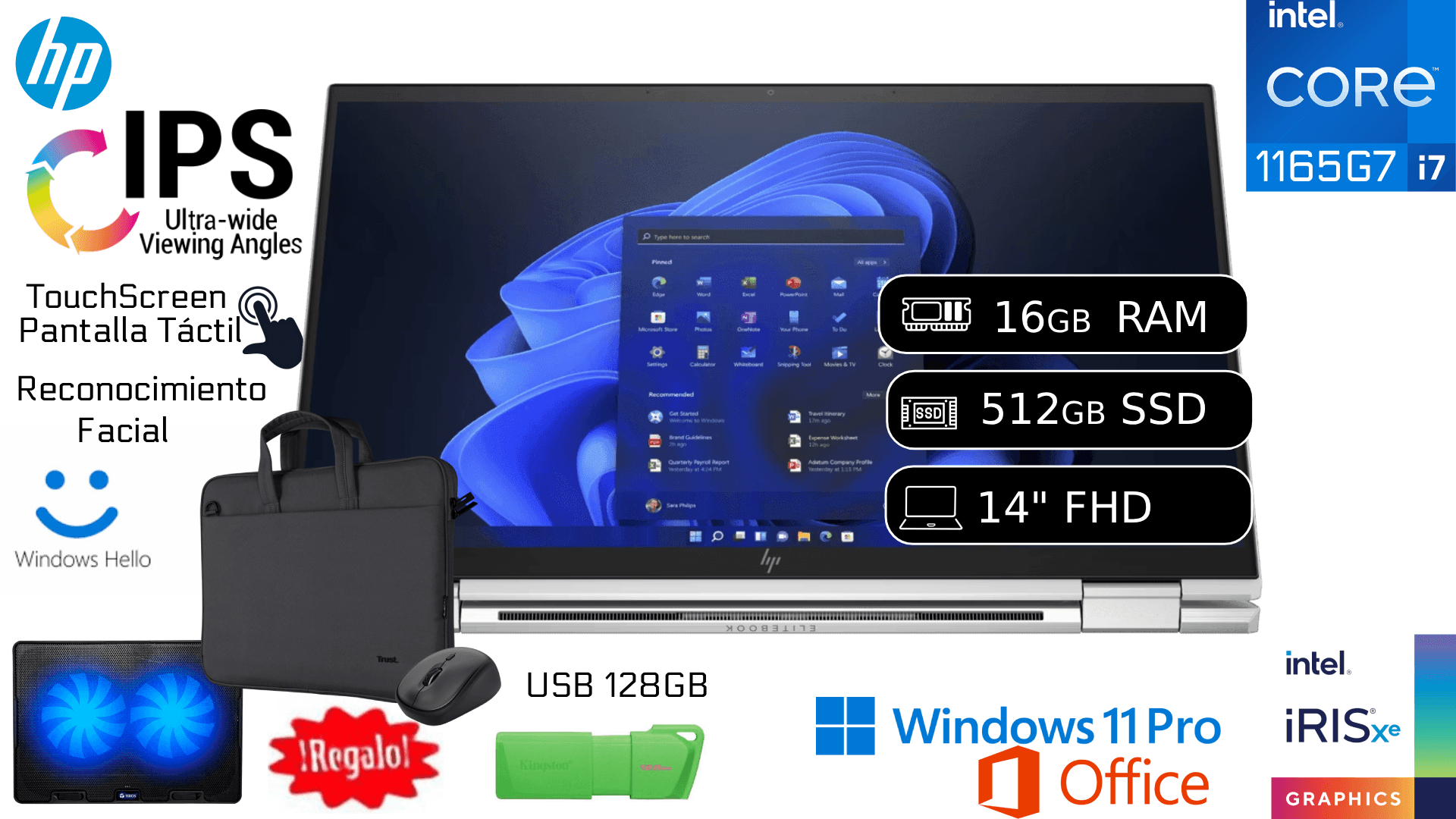 HP EliteBook x360 1040 G8 i7-1165G7 16GB RAM 512GB SSD IPS Táctil Reacondicionada 1 Año Garantía + C