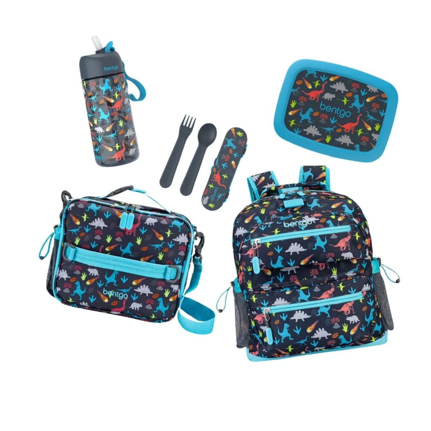 Set Bentgo Mochila Escolar, Lonchera, Porta Lonchera, Cubiertos y Tomatodo - Dinosaurio