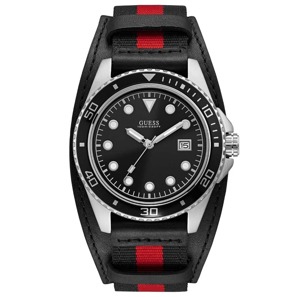 Reloj Guess Crew W1051G1 Fecha Acero Inox Correa De Nailon Negro Rojo