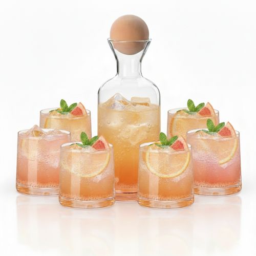 Set Jarra De Vidrio Más 6 Vasos Con Tapa De Madera