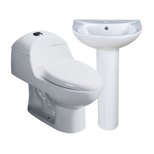 COMBO Orange: Inodoro One Piece Cerámico Ártico Blanco con Descarga Dual + Lavatorio Standard Cerámica Blanco + Pedestal Standard Blanco