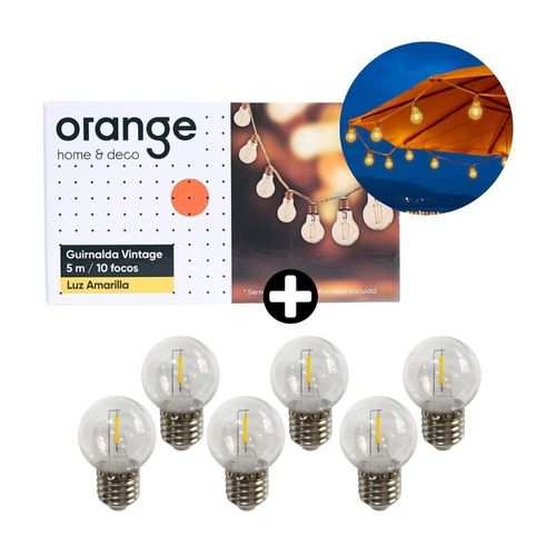 COMBO Guirnalda Luminaria Vintage 10 Focos Luz Cálida 5m + Foco Vintage G45 E27 1W Luz Cálida Clear x 6 unidades Orange