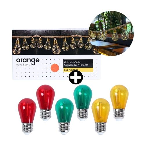 COMBO Guirnalda Solar 10 Focos Luz Cálida 3m + Foco LED Vintage E27 1W Orange Pack 6 Unidades
