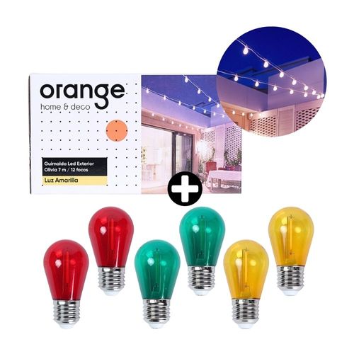 COMBO Guirnalda LED Olivia 12 Focos Luz Cálida 7m + Foco LED Vintage E27 1W Orange Pack 6 Unidades