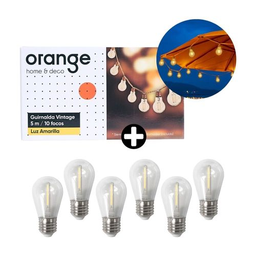 COMBO Guirnalda Luminaria Vintage 10 Focos Luz Cálida 5m + Foco Vintage S14 E27 1W Luz Cálida Clear x 6 unidades Orange