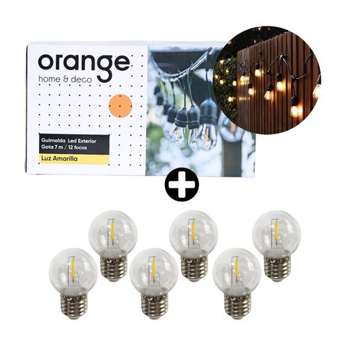 COMBO Guirnalda LED Gota 12 Focos Luz Cálida 7m para Exterior + Foco Vintage G45 E27 1W Luz Cálida Clear x 6 unidades Orange