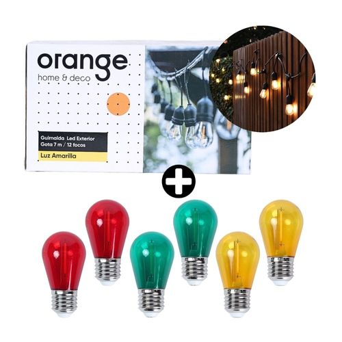 COMBO Guirnalda LED Gota 12 Focos Luz Cálida 7m para Exterior + Foco LED Vintage E27 1W Orange Pack 6 Unidades