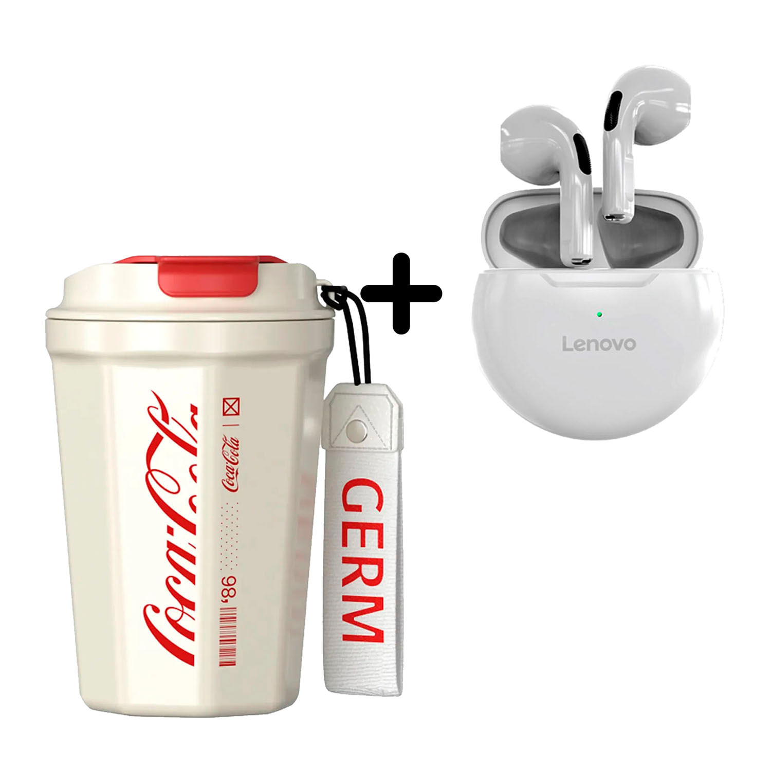 Combo Vaso Coca-Cola Beige 390 ml + Audífono Lenovo HT38 Blanco