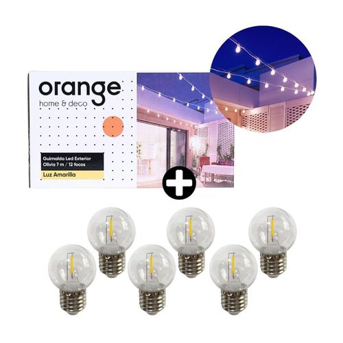 COMBO Guirnalda LED Olivia 12 Focos Luz Cálida 7m + Foco Vintage G45 E27 1W Luz Cálida Clear x 6 unidades Orange