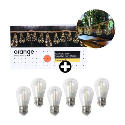 COMBO Guirnalda Solar 10 Focos Luz Cálida 3m + Foco Vintage S14 E27 1W Luz Cálida Clear x 6 unidades Orange