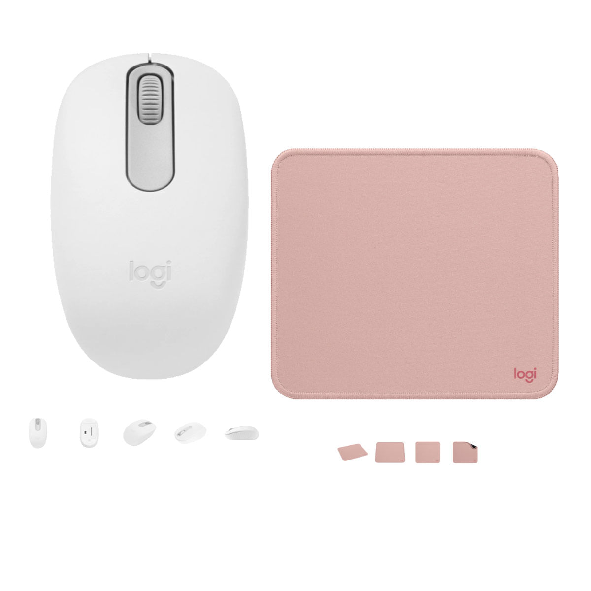 COMBO LOGITECH MOUSE M196 BLANCO Y PAD MOUSE ROSADO